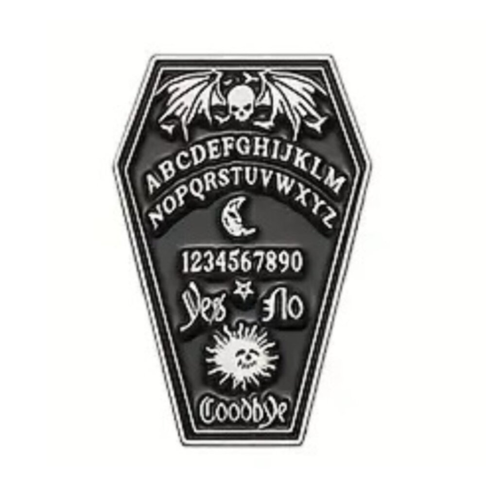 Coffin Ouija Board Silver Tone Black Enamel Pin